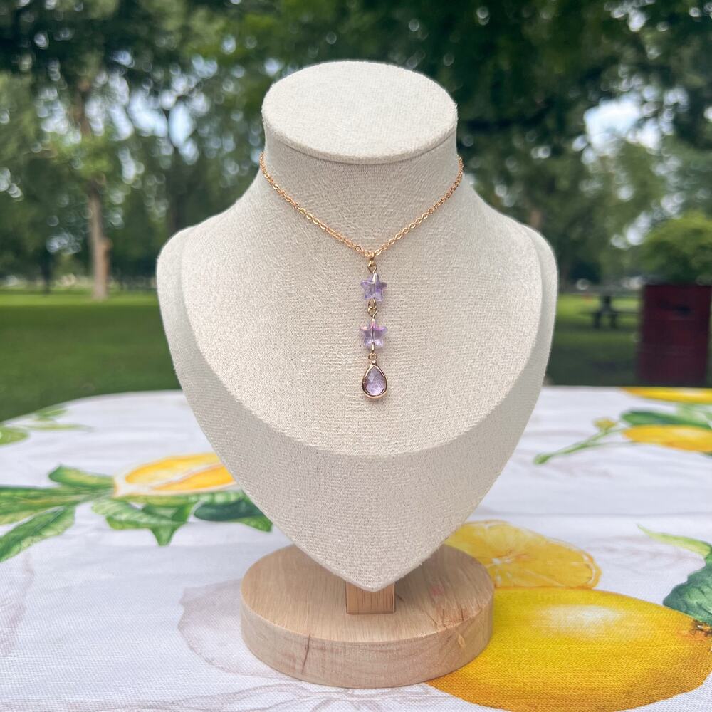 Fun Dangle Star Lavender Amethyst Purple Tone Crystal Glass Whimsical Necklace